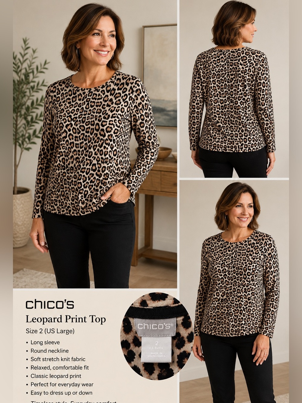 Chico’s Leopard Print Top Women’s Size 2 US Large Long Sleeve Stretch Knit - Picture 1 of 7